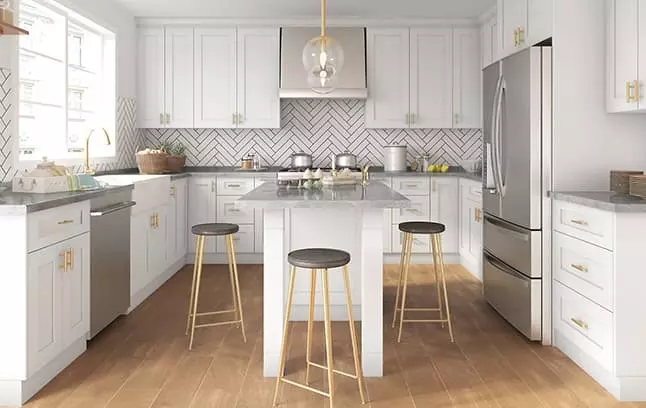 Crystal White Shaker cabinets with gold accents.