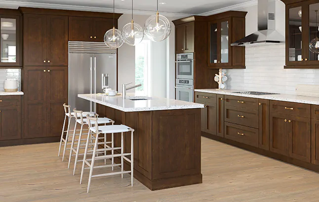 Two, four-door pantry cabinets in our Yorktown White Shaker style.