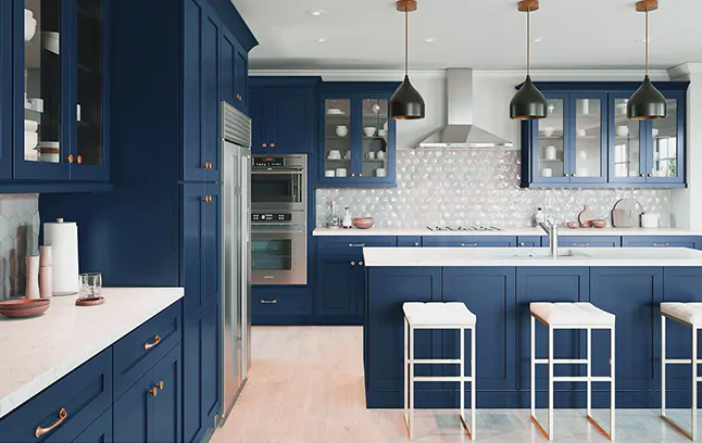 Deep Blue Shaker pantry cabinets.