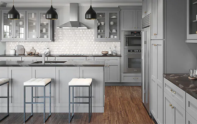 Dolphin Grey Shaker cabinets in a kitchen.