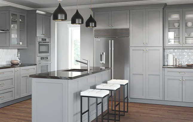 Two, four-door pantry cabinets in our Yorktown White Shaker style.