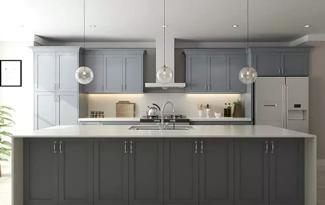 Harbor Grey Shaker cabinets in a kitchen with a large island.