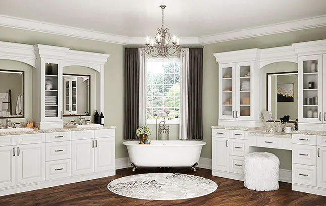 Tahoe White single-sink vanity cabinet.