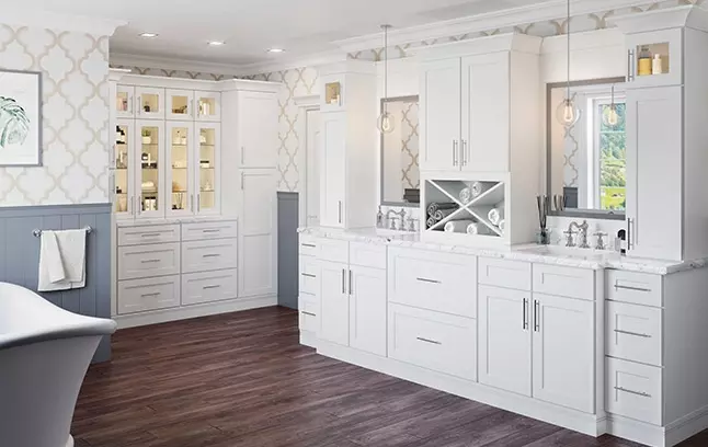 Bright White Shaker vanity Cabinets.