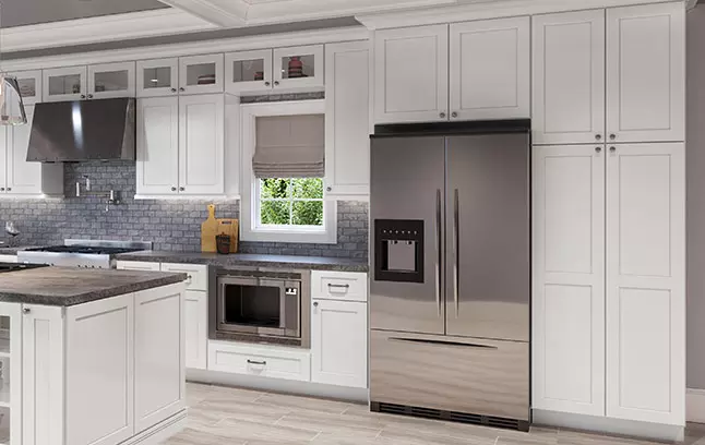 Bright White Shaker four-door pantry cabinet.