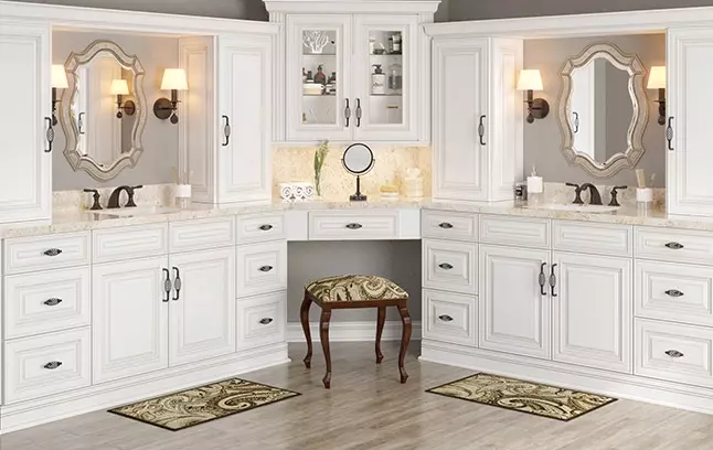 Charleston Antique White double vanity cabinets.