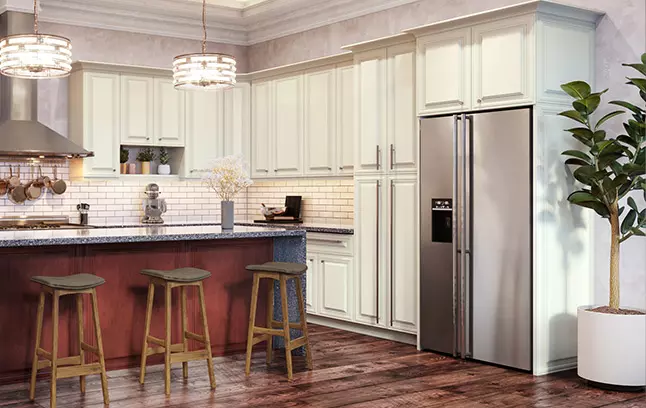 Charleston Antique White pantry cabinet with four doors.