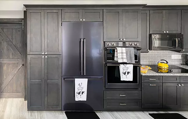 Cinder Shaker pantry cabinet with four doors.