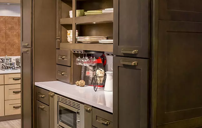 Two, double-door pantry cabinets in our Lancaster Charcoal style.