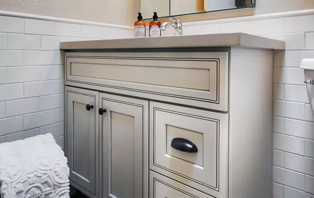 Pearl Glaze single-sink vanity cabinet.
