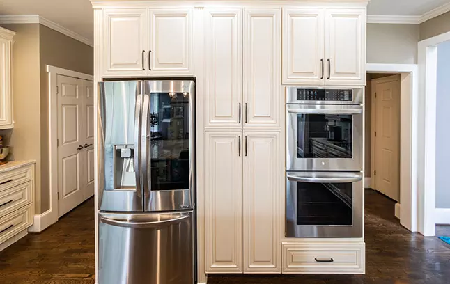 Four-door pantry cabinet in our Princeton Cream Glaze style.